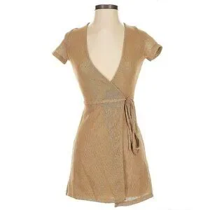 petite camel knit slouchy mini dress with tie wrap around Medellin Gathered Side-Tie Wrap Dress Paisley Beige main image 0